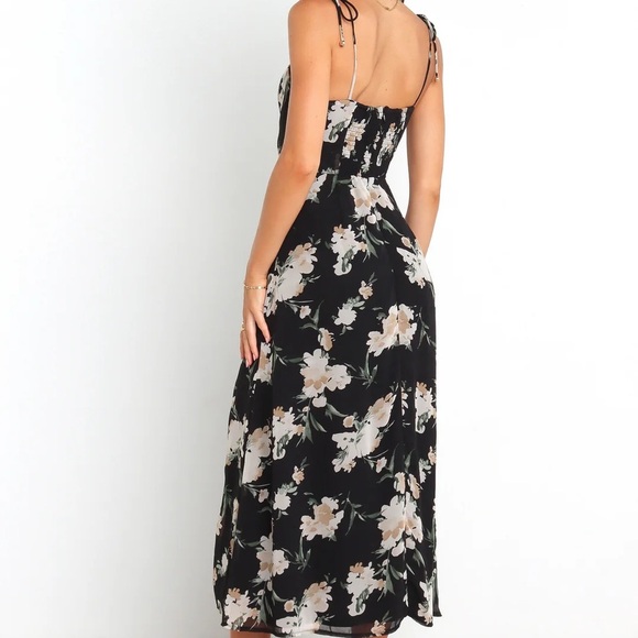 Petal & Pup Black Floral Midi Dress with Tie Straps and Slit - Size 12 - Picture 2 of 8